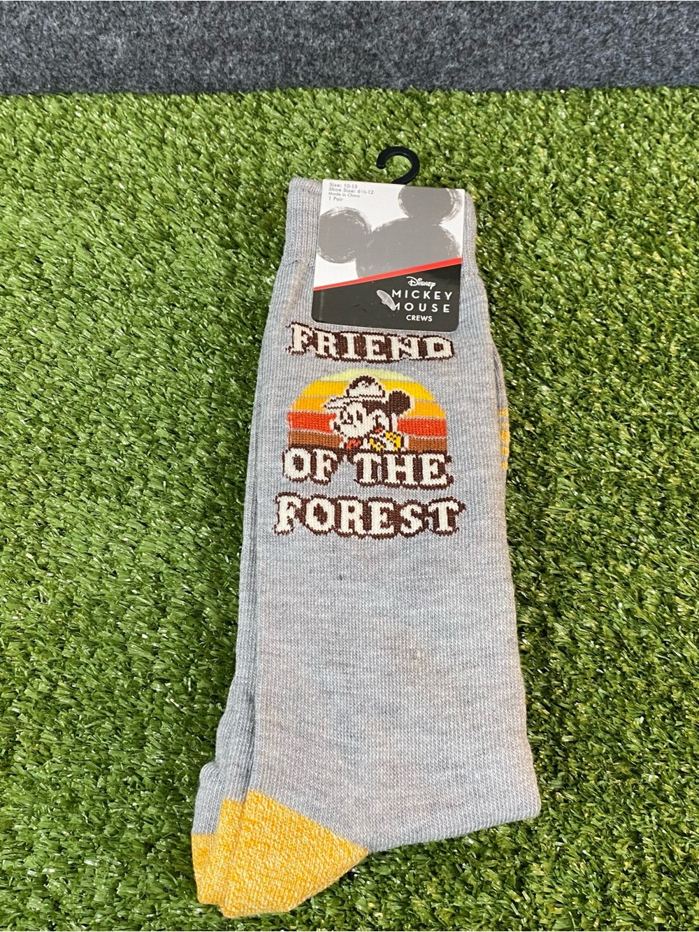 Men's Disney Crew Socks in Light Gray with Yellow Accent Mickey Forest Graphic
